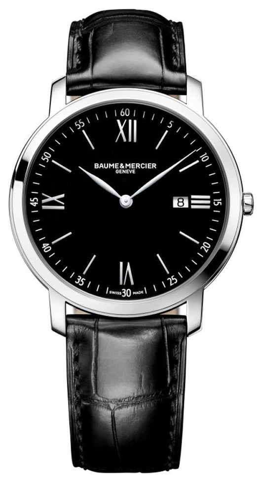 Baume & Mercier Classima Stainless Steel Black Dial Black Leather Strap Date Quartz Mens Watch MOA10098
