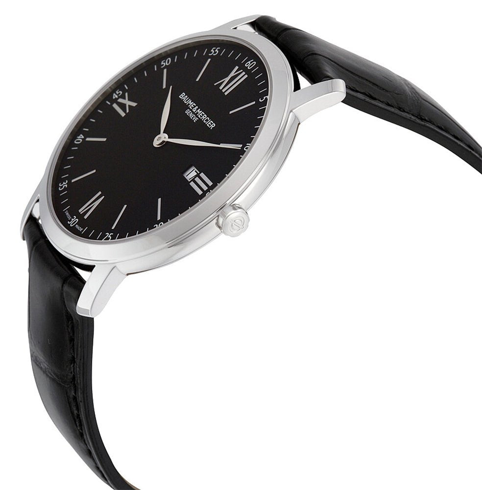 Baume & Mercier Classima Stainless Steel Black Dial Black Leather Strap Date Quartz Mens Watch MOA10098