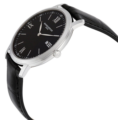 Baume & Mercier Classima Stainless Steel Black Dial Black Leather Strap Date Quartz Mens Watch MOA10098