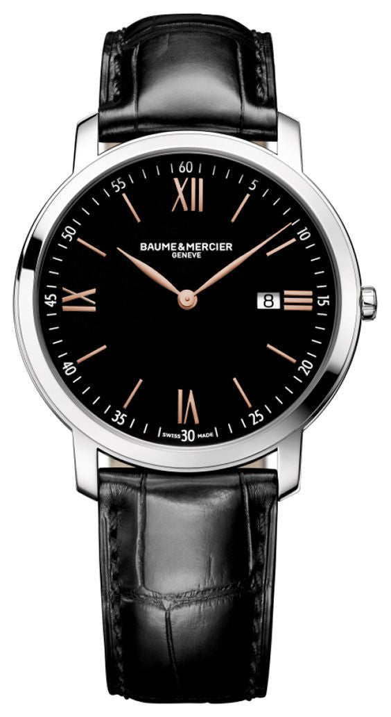 Baume & Mercier Classima Stainless Steel Black Dial Black Leather Strap Date Quartz Mens Watch MOA10127