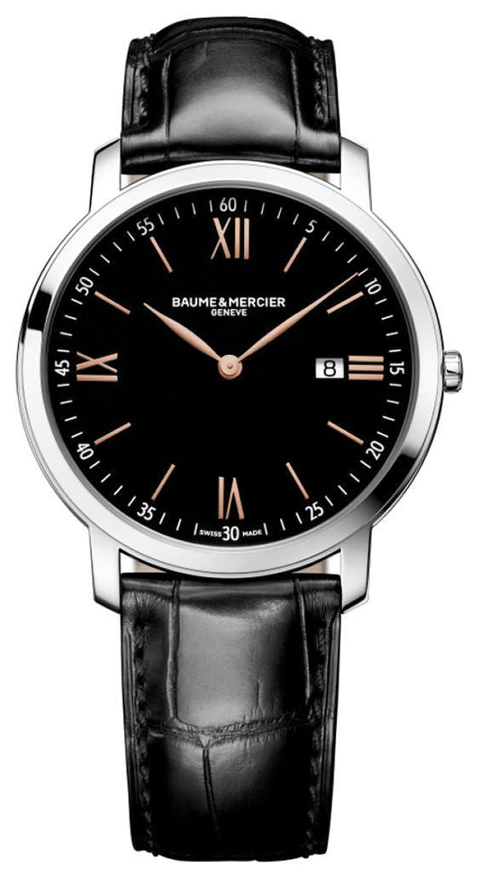 Baume & Mercier Classima Stainless Steel Black Dial Black Leather Strap Date Quartz Mens Watch MOA10127