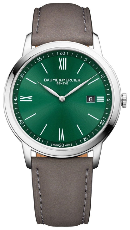 Baume & Mercier Classima Stainless Steel Green Dial Gray Brown Leather Date Quartz Mens Watch M0A10607