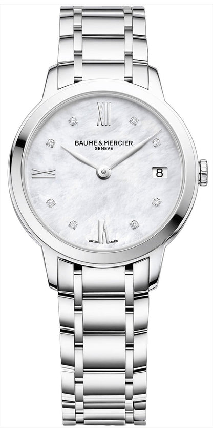 Baume & Mercier Classima Stainless Steel Mother-of-Pearl Dial Diamonds Date Quartz Womens Watch MOA10326