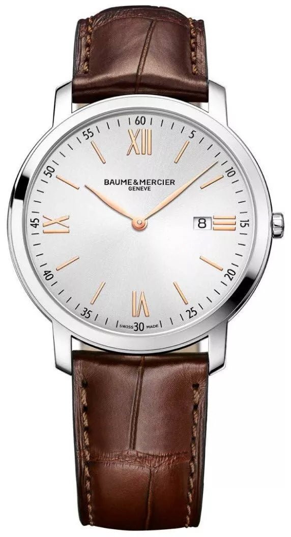 Baume & Mercier Classima Stainless Steel Silver Dial Brown Leather Strap Date Quartz Mens Watch M0A10128