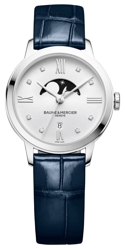 Baume & Mercier Classima Stainless Steel Silver Dial Diamonds Blue Leather Strap Moonphase Date Quartz Womens Watch M0A10329
