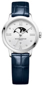 Baume & Mercier Classima Stainless Steel Silver Dial Diamonds Blue Leather Strap Moonphase Date Quartz Womens Watch M0A10329