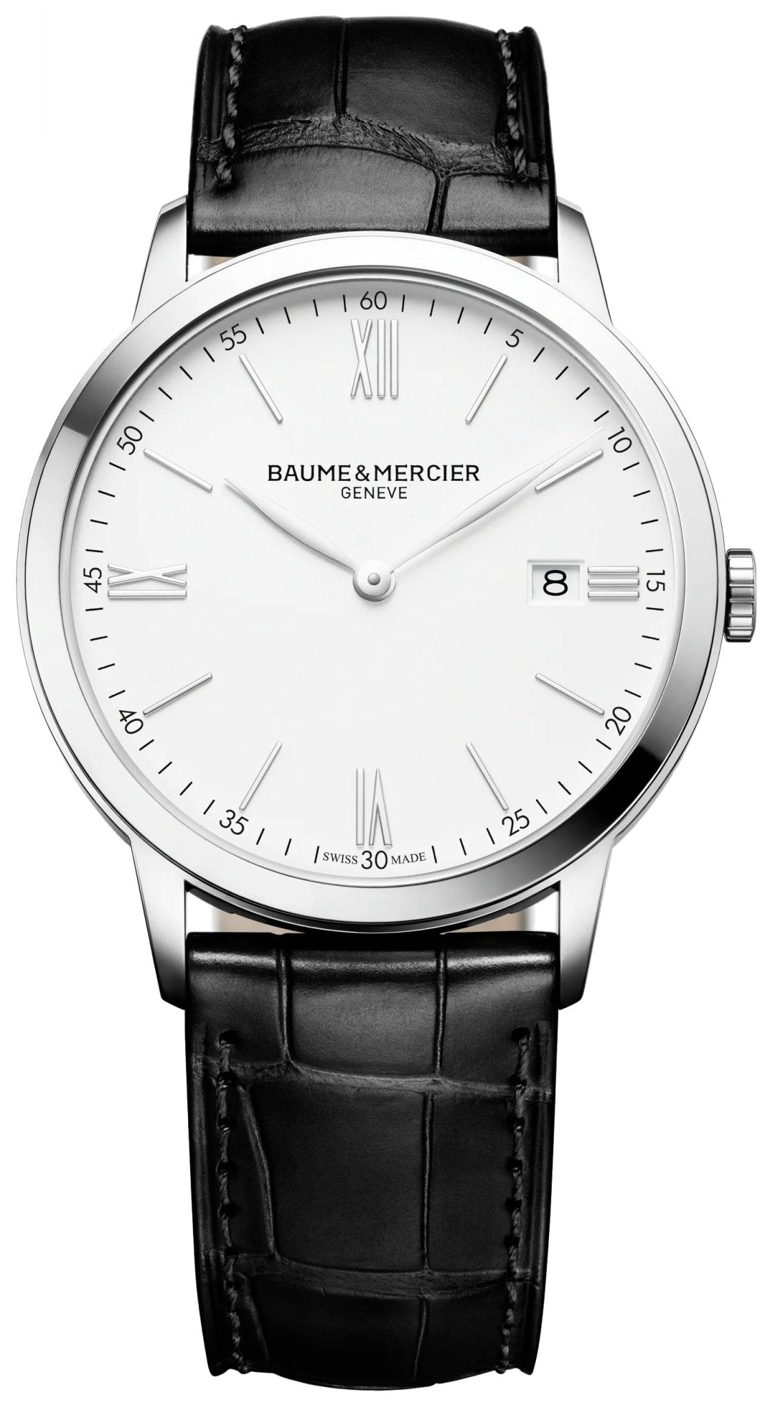Baume & Mercier Classima Stainless Steel White Dial Black Leather Strap Date Quartz Mens Watch M0A10323