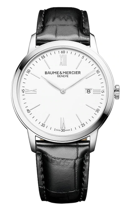 Baume & Mercier Classima White Dial Black Leather Strap Date Quartz Mens Watch M0A10414