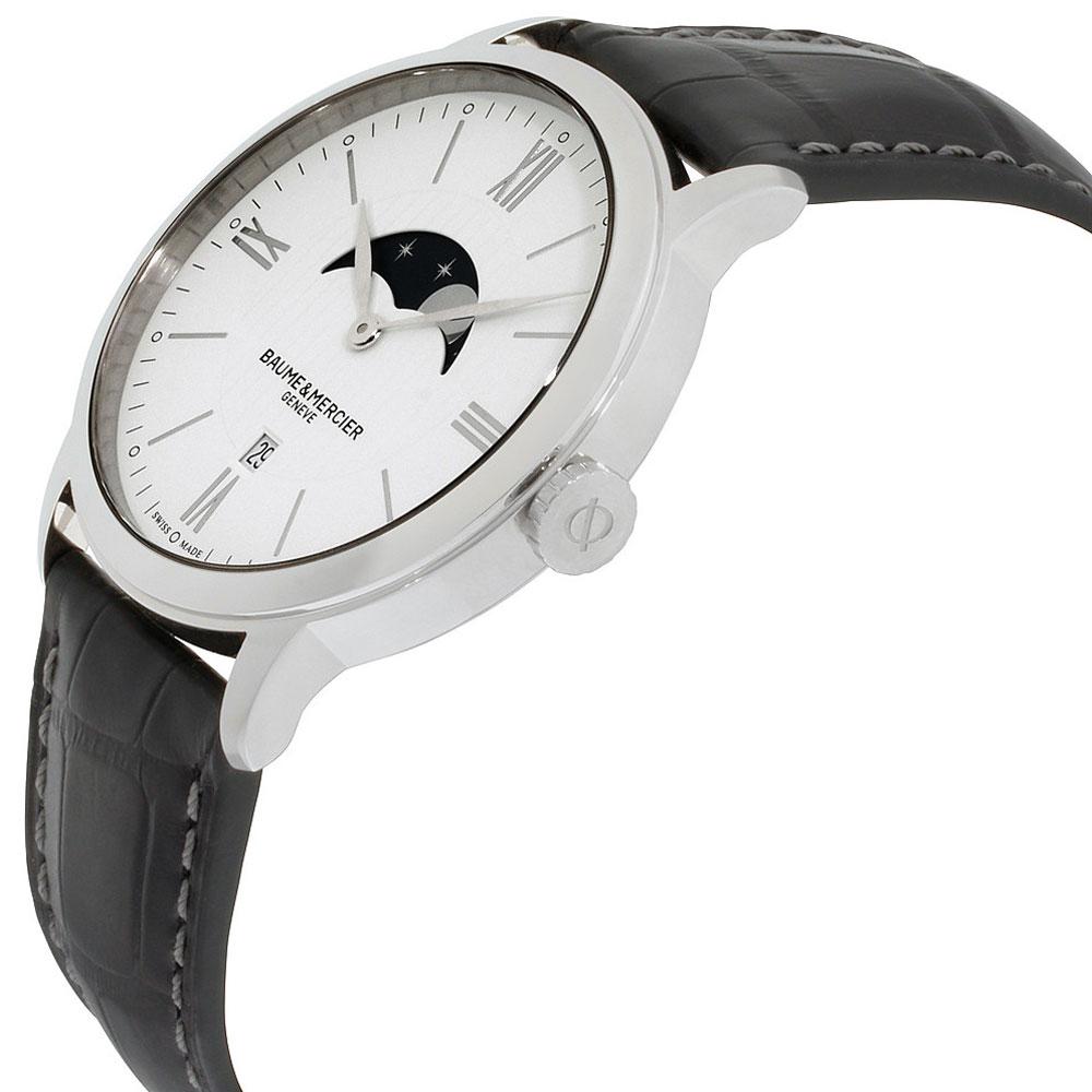Baume & Mercier Classima White Dial Black Leather Strap Moonphase Date Quartz Mens Watch MOA10219