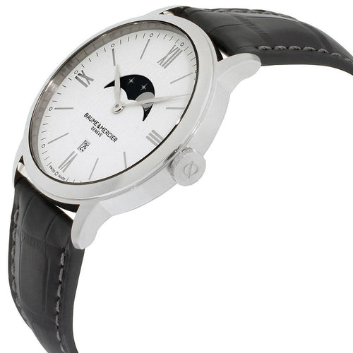 Baume & Mercier Classima White Dial Black Leather Strap Moonphase Date Quartz Mens Watch MOA10219