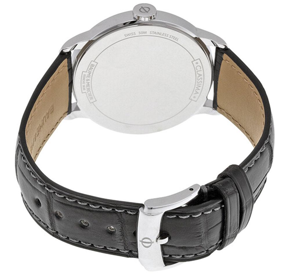 Baume & Mercier Classima White Dial Black Leather Strap Moonphase Date Quartz Mens Watch MOA10219