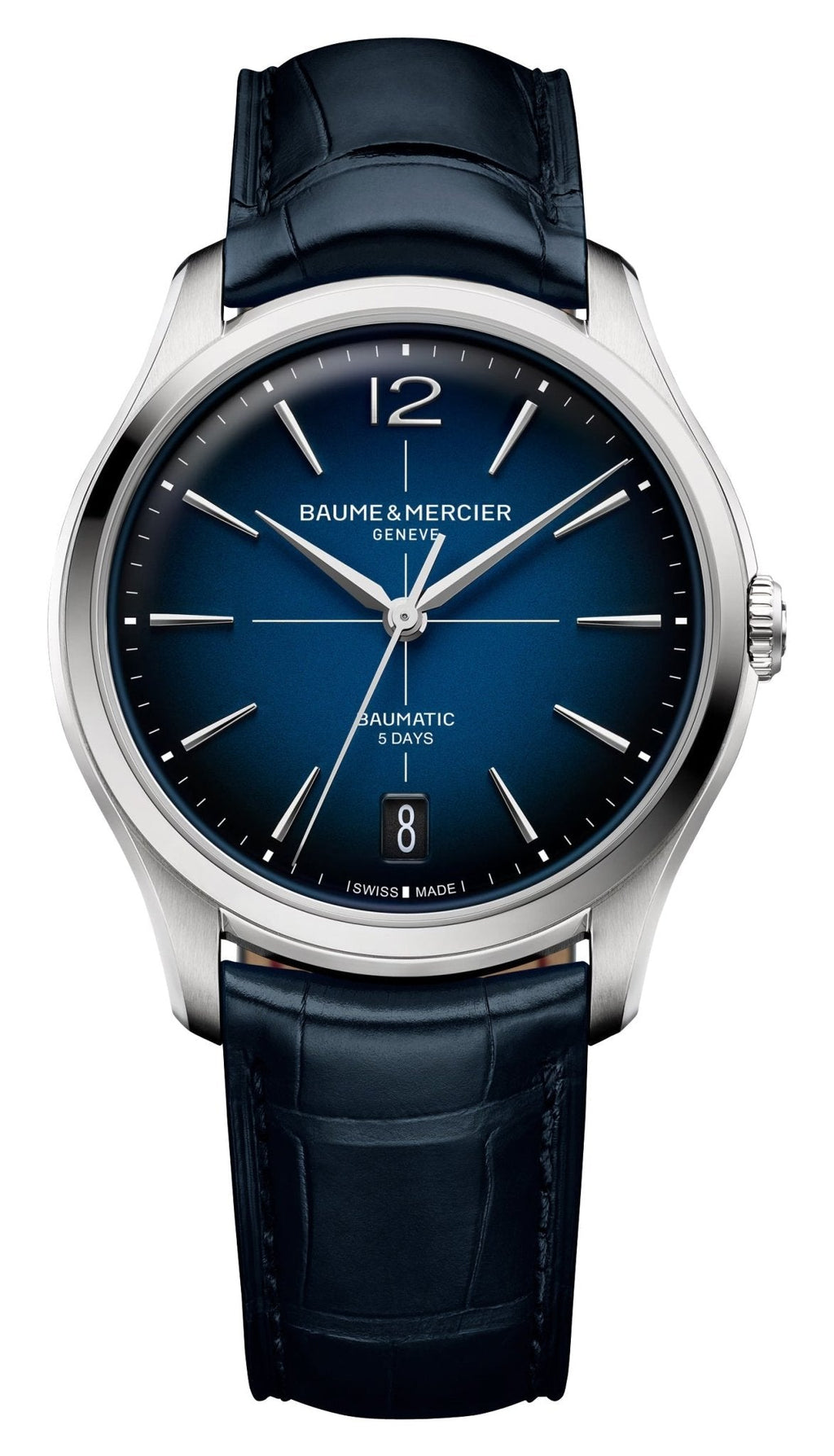 Baume & Mercier Clifton Baumatic Automatic Stainless Steel Blue Dial Blue Leather Strap Date Mens Watch M0A10771