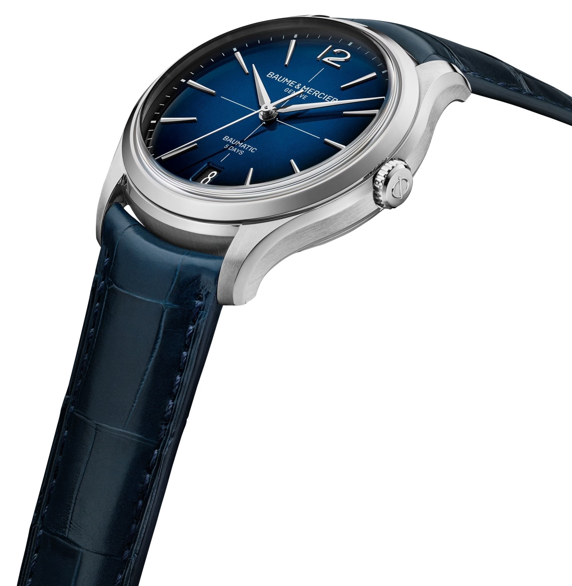 Baume & Mercier Clifton Baumatic Automatic Stainless Steel Blue Dial Blue Leather Strap Date Mens Watch M0A10771