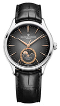 Baume & Mercier Clifton Baumatic Automatic Stainless Steel Gray Dial Black Leather Strap Moonphase Date Mens Watch M0A10758
