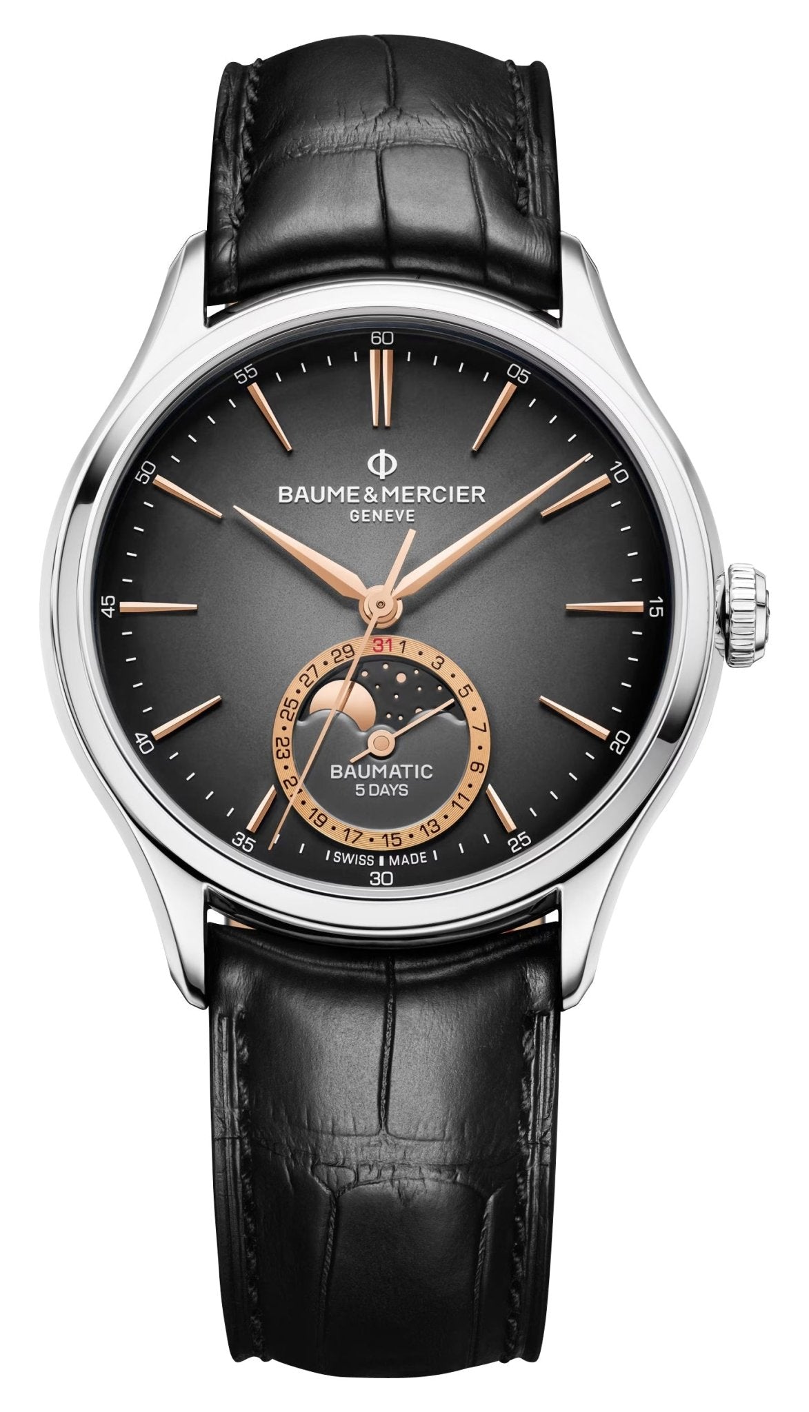 Baume & Mercier Clifton Baumatic Automatic Stainless Steel Gray Dial Black Leather Strap Moonphase Date Mens Watch M0A10758