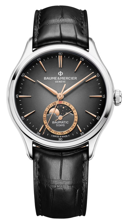Baume & Mercier Clifton Baumatic Automatic Stainless Steel Gray Dial Black Leather Strap Moonphase Date Mens Watch M0A10758