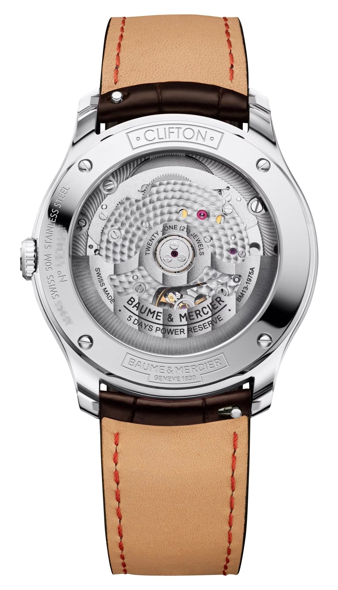 Baume & Mercier Clifton Baumatic Automatic Stainless Steel Silver Dial Brown Leather Strap Date Mens Watch M0A10773