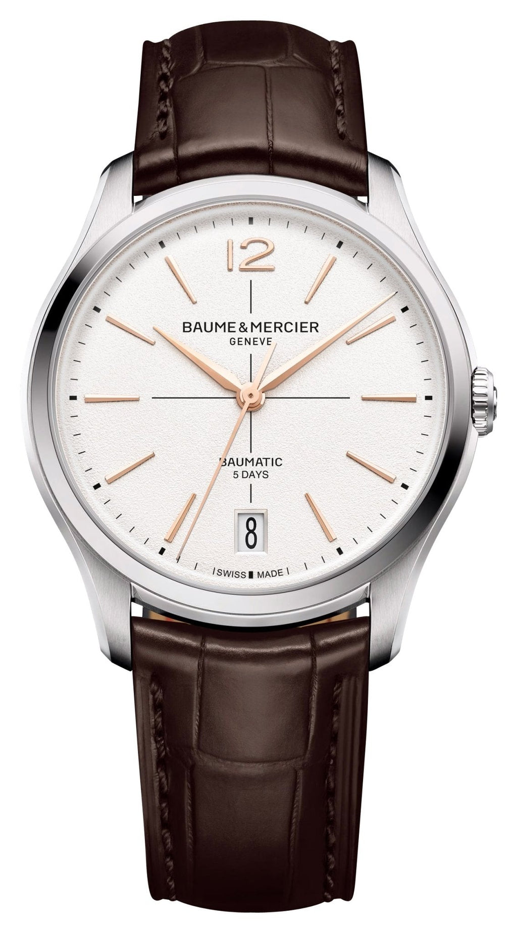 Baume & Mercier Clifton Baumatic Automatic Stainless Steel Silver Dial Brown Leather Strap Date Mens Watch M0A10773