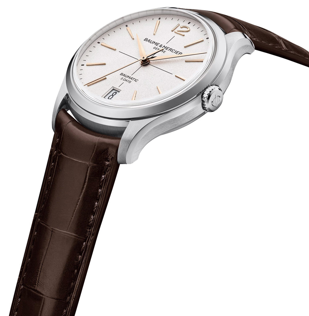 Baume & Mercier Clifton Baumatic Automatic Stainless Steel Silver Dial Brown Leather Strap Date Mens Watch M0A10773