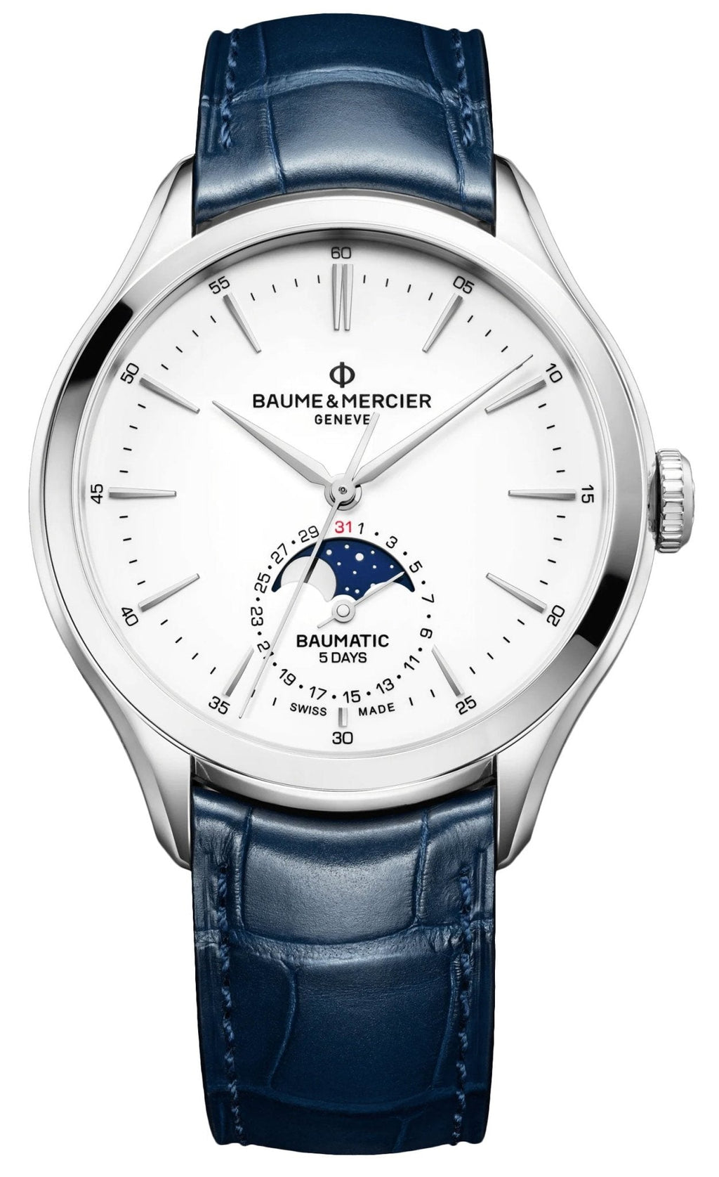 Baume & Mercier Clifton Baumatic Automatic Stainless Steel White Dial Blue Leather Moonphase Date Mens Watch M0A10549