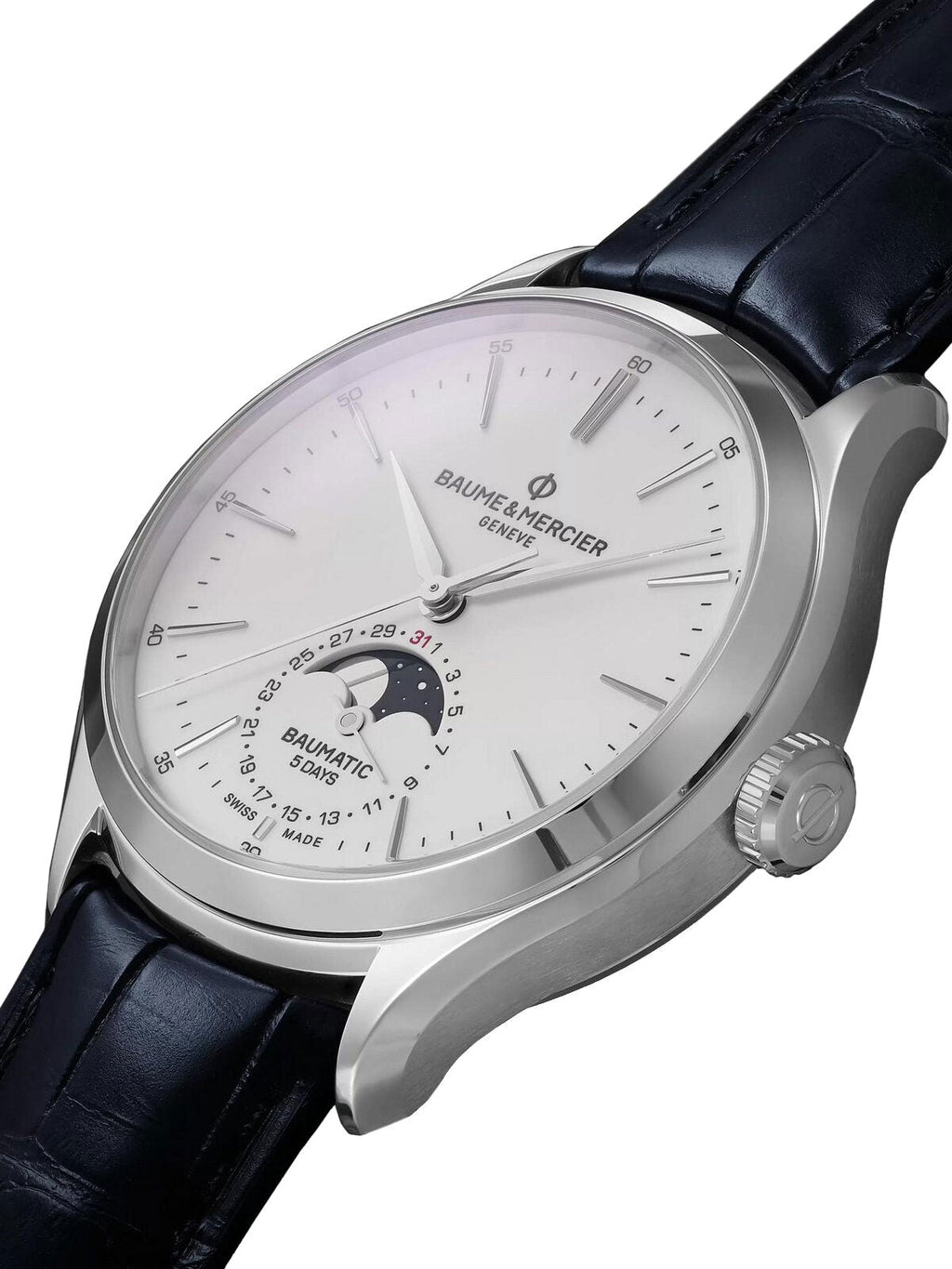 Baume & Mercier Clifton Baumatic Automatic Stainless Steel White Dial Blue Leather Moonphase Date Mens Watch M0A10549
