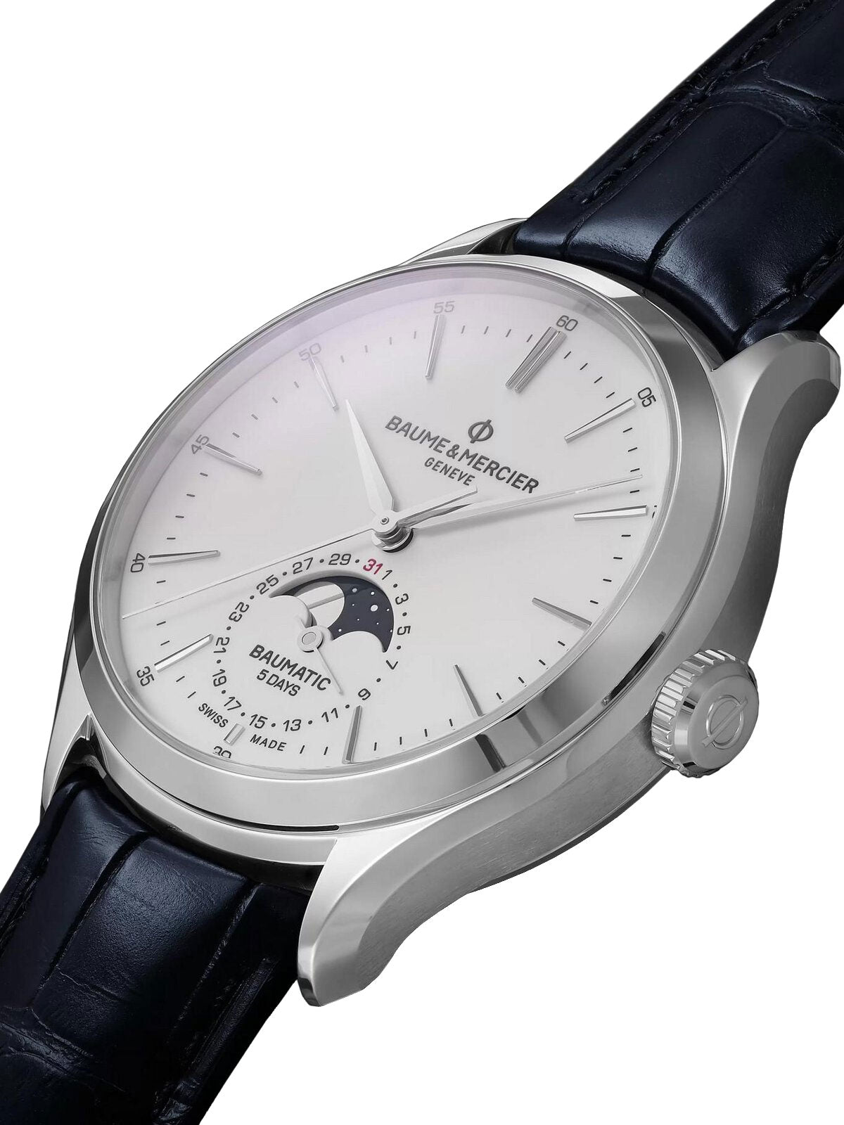 Baume & Mercier Clifton Baumatic Automatic Stainless Steel White Dial Blue Leather Moonphase Date Mens Watch M0A10549