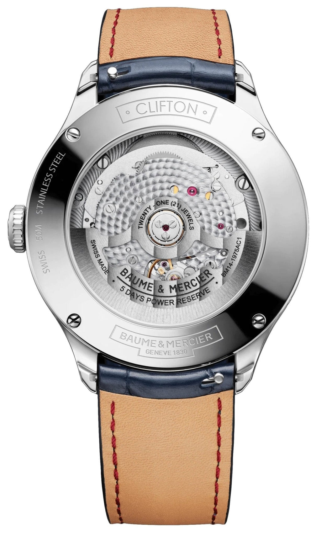 Baume & Mercier Clifton Baumatic Automatic Stainless Steel White Dial Blue Leather Moonphase Date Mens Watch M0A10549