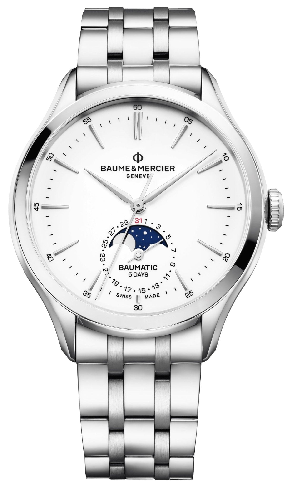 Baume & Mercier Clifton Baumatic Automatic Stainless Steel White Dial Moonphase Date Mens Watch M0A10552