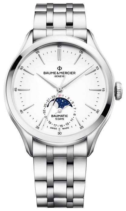 Baume & Mercier Clifton Baumatic Automatic Stainless Steel White Dial Moonphase Date Mens Watch M0A10552