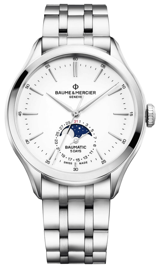 Baume & Mercier Clifton Baumatic Automatic Stainless Steel White Dial Moonphase Date Mens Watch M0A10552