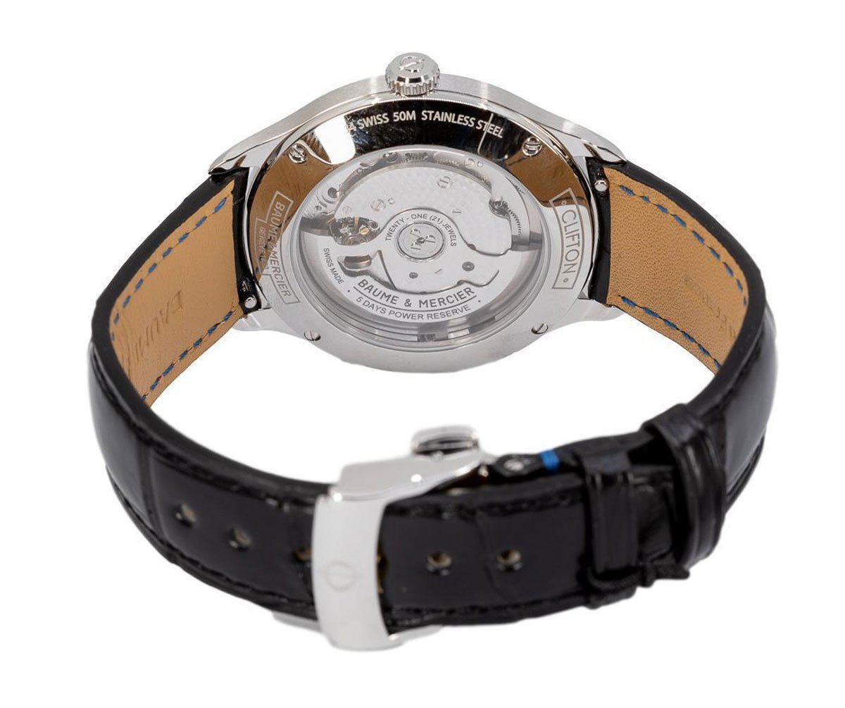 Baume & Mercier Clifton Baumatic COSC Automatic Blue Dial Steel Black Leather Mens Watch M0A10467