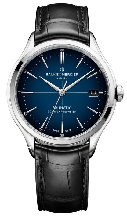 Baume & Mercier Clifton Baumatic COSC Automatic Blue Dial Steel Black Leather Mens Watch M0A10467