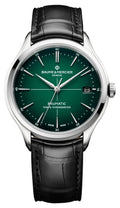 Baume & Mercier Clifton Baumatic COSC Automatic Stainless Steel Green Dial Black Leather Strap Date Mens Watch M0A10592