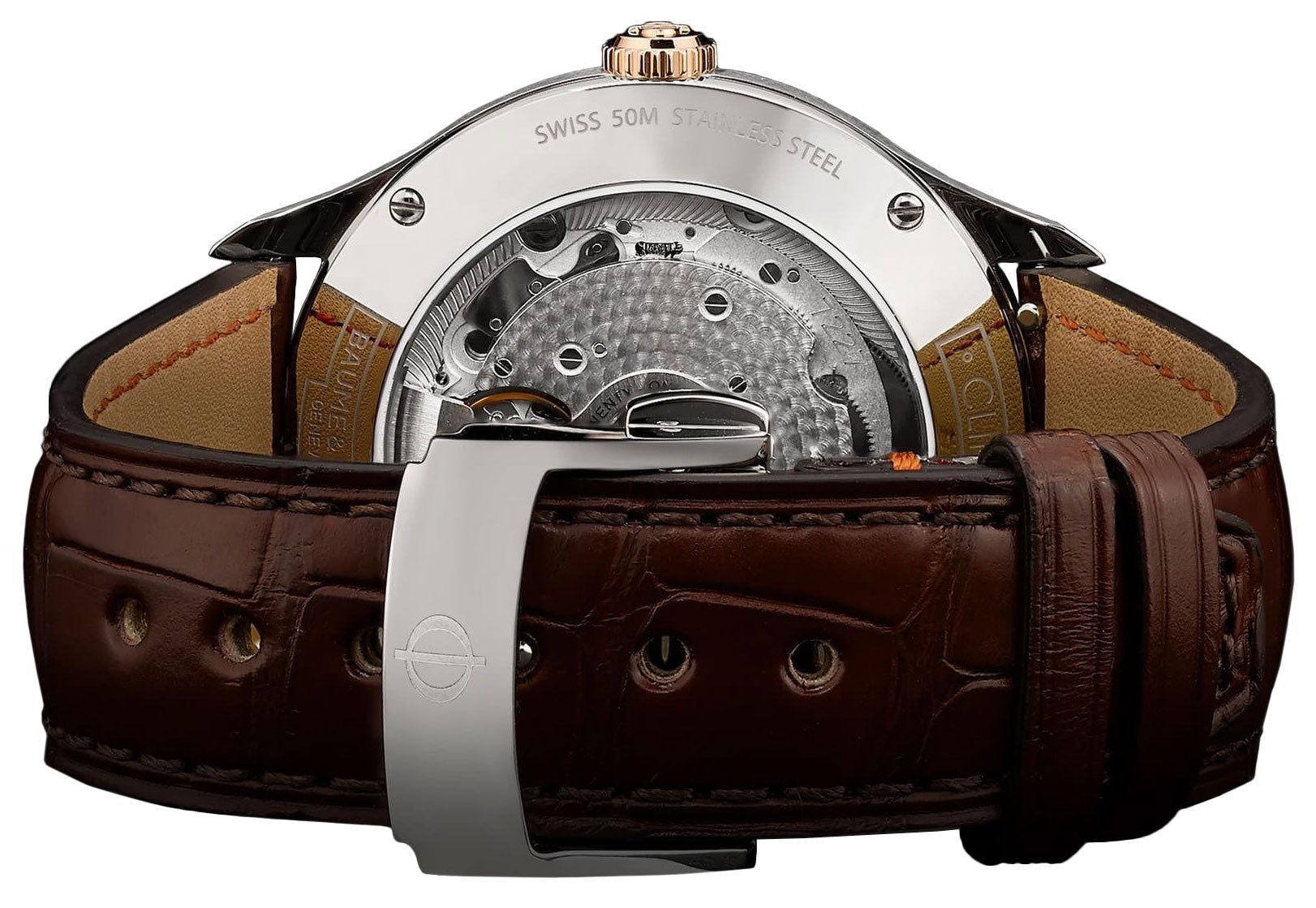 Baume & Mercier Clifton Baumatic COSC Automatic Stainless Steel & Rose Gold White Dial Brown Leather Strap Date Mens Watch M0A10519