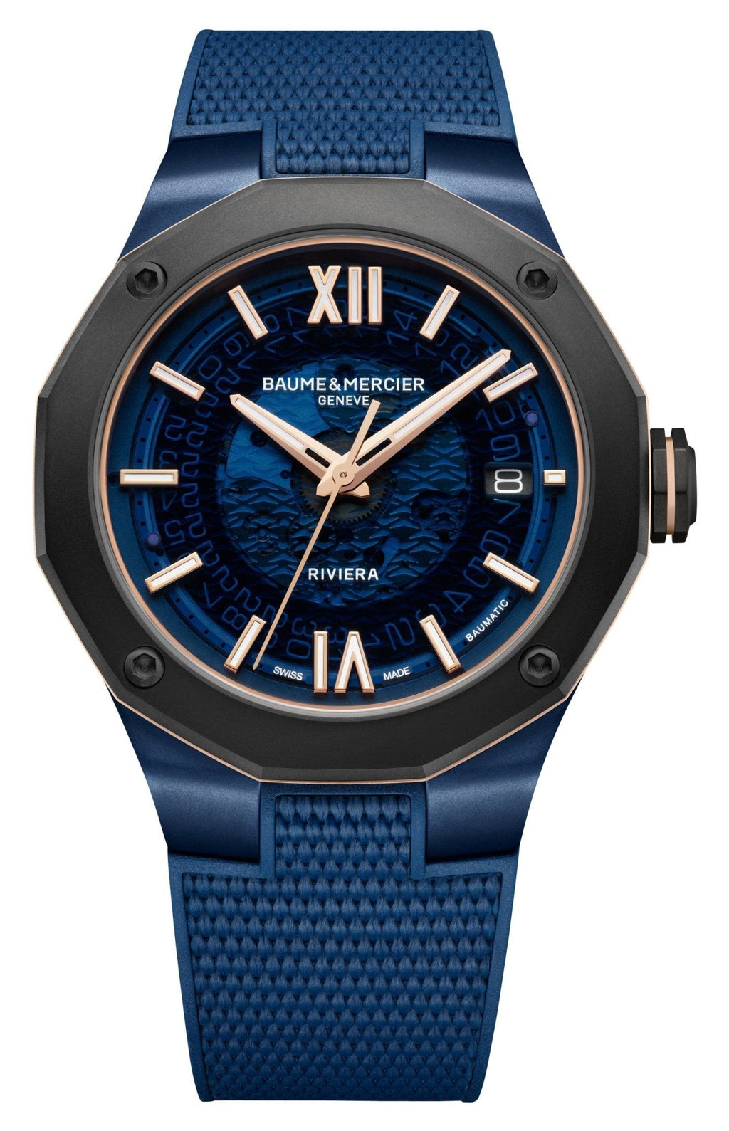 Baume & Mercier Riviera Automatic Blue PVD & Titanium Blue Dial Blue Rubber Strap Date Mens Watch M0A10769