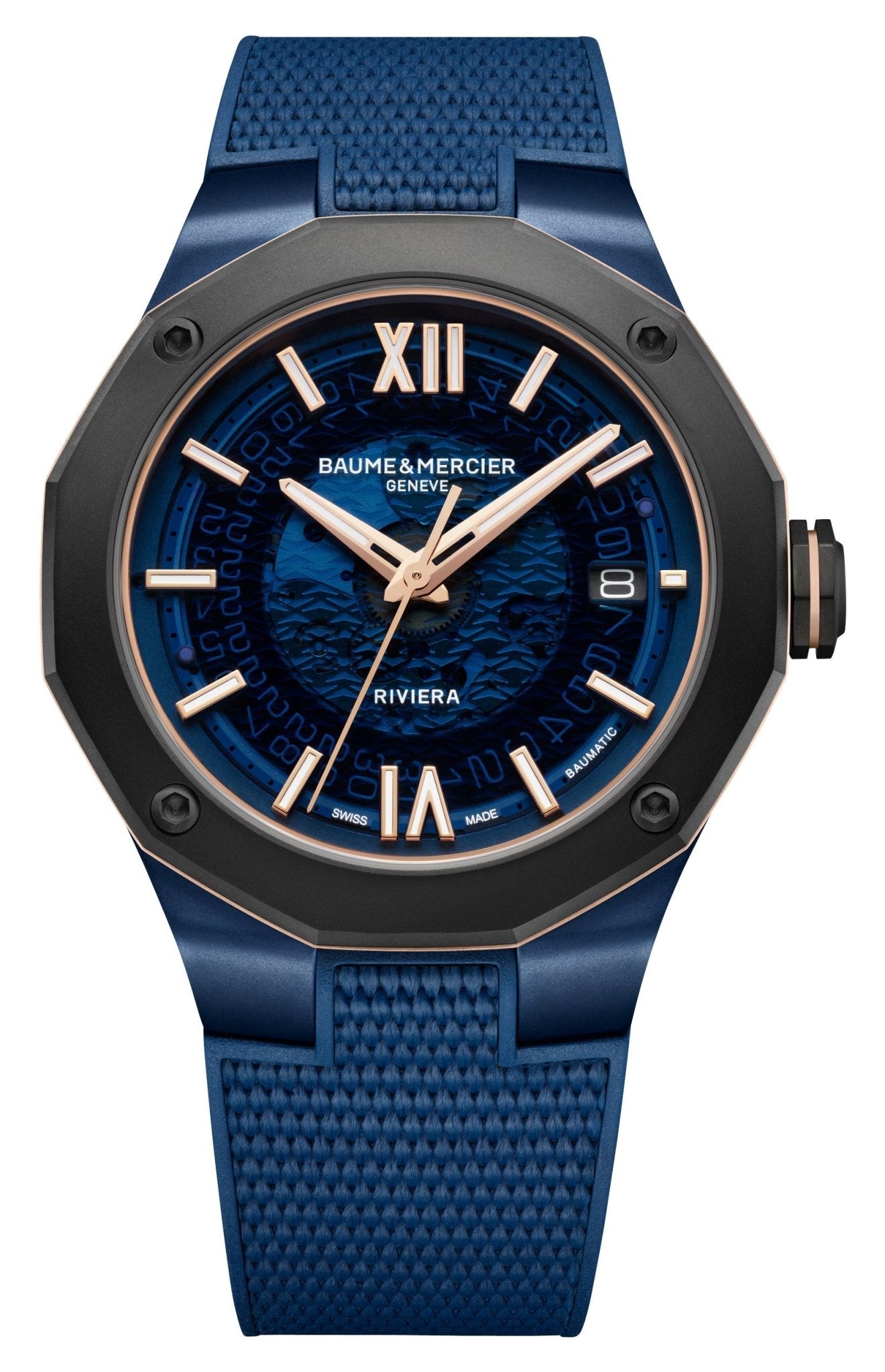 Baume & Mercier Riviera Automatic Blue PVD & Titanium Blue Dial Blue Rubber Strap Date Mens Watch M0A10769