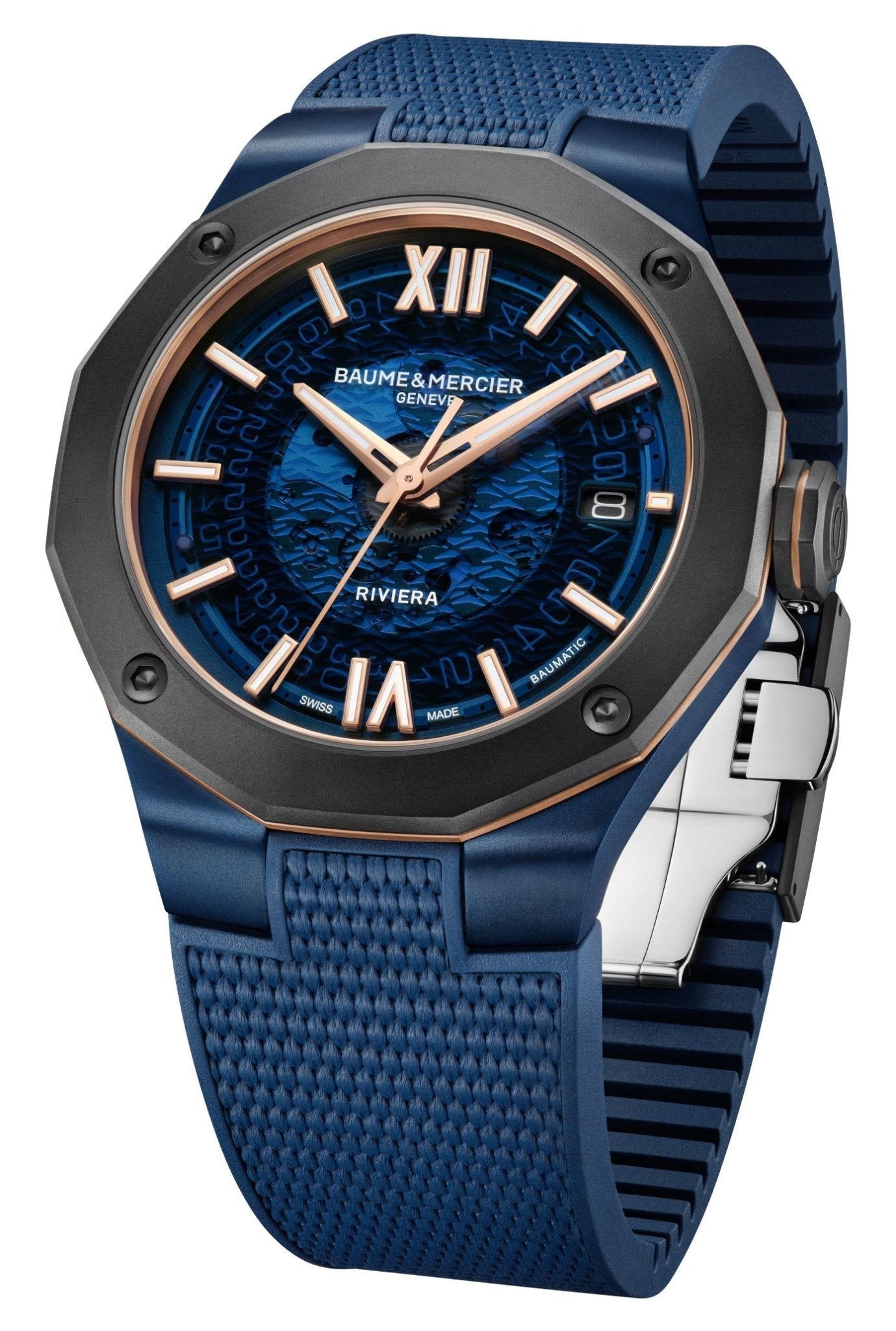 Baume & Mercier Riviera Automatic Blue PVD & Titanium Blue Dial Blue Rubber Strap Date Mens Watch M0A10769