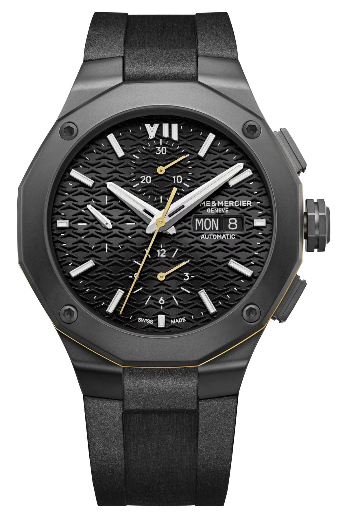 Baume & Mercier Riviera Automatic Chronograph Black ADLC Black Dial Black Rubber Strap Day/Date Mens Watch M0A10625