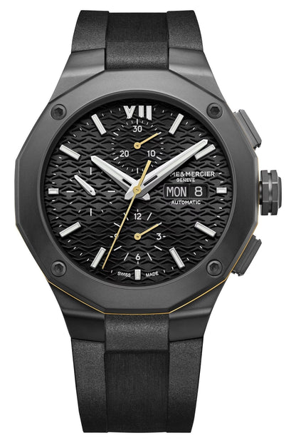 Baume & Mercier Riviera Automatic Chronograph Black ADLC Black Dial Black Rubber Strap Day/Date Mens Watch M0A10625