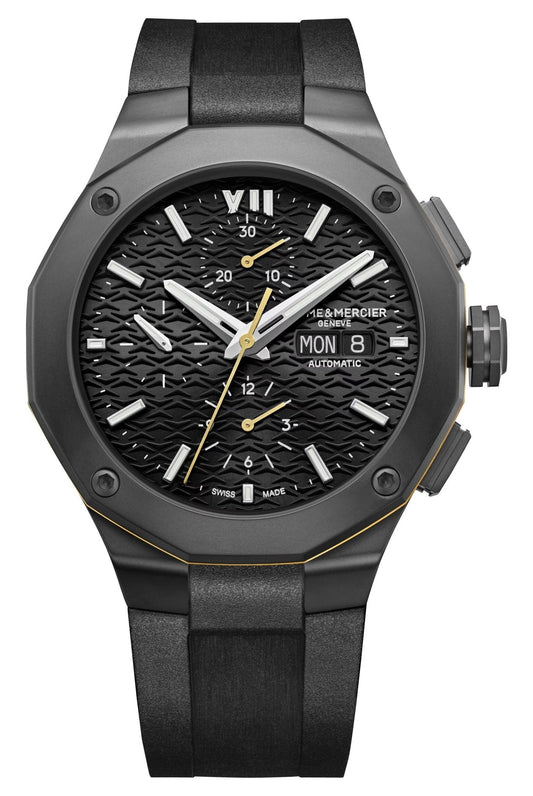 Baume & Mercier Riviera Automatic Chronograph Black ADLC Black Dial Black Rubber Strap Day/Date Mens Watch M0A10625