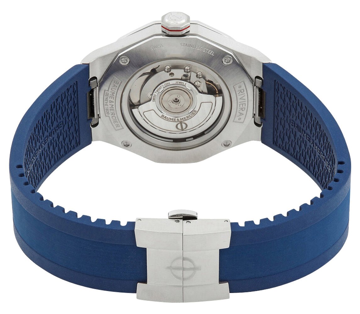Baume & Mercier Riviera Automatic GMT Stainless Steel Blue Dial Blue Rubber Strap Date Mens Watch MOA10659