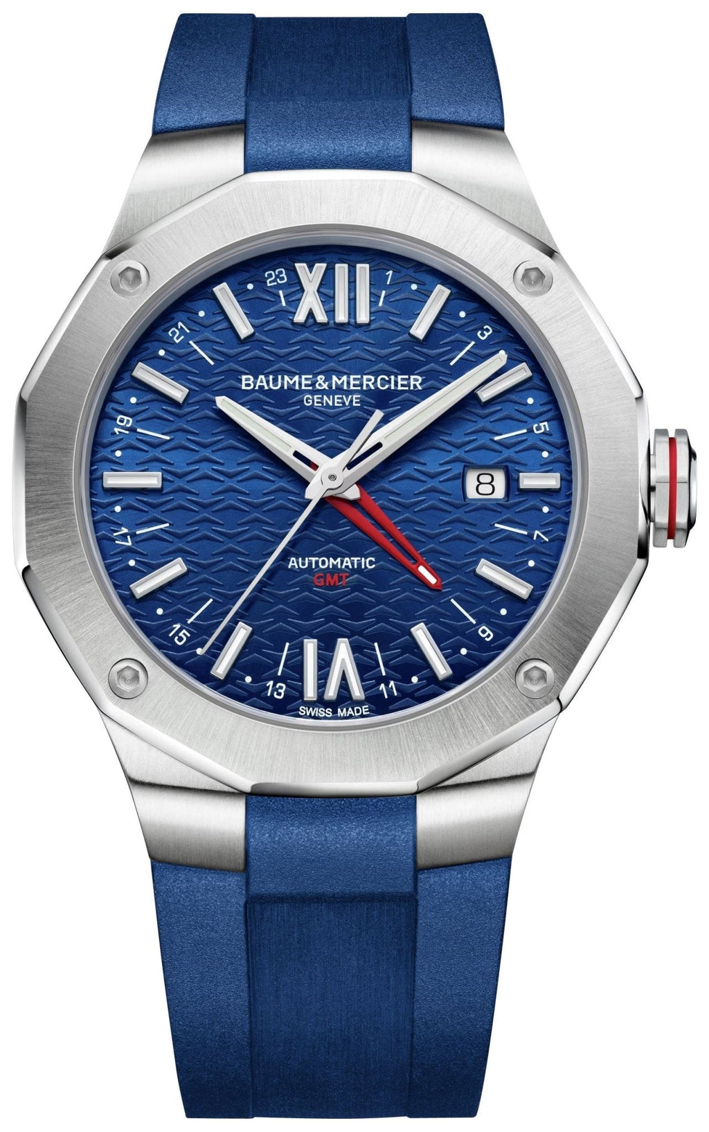 Baume & Mercier Riviera Automatic GMT Stainless Steel Blue Dial Blue Rubber Strap Date Mens Watch MOA10659