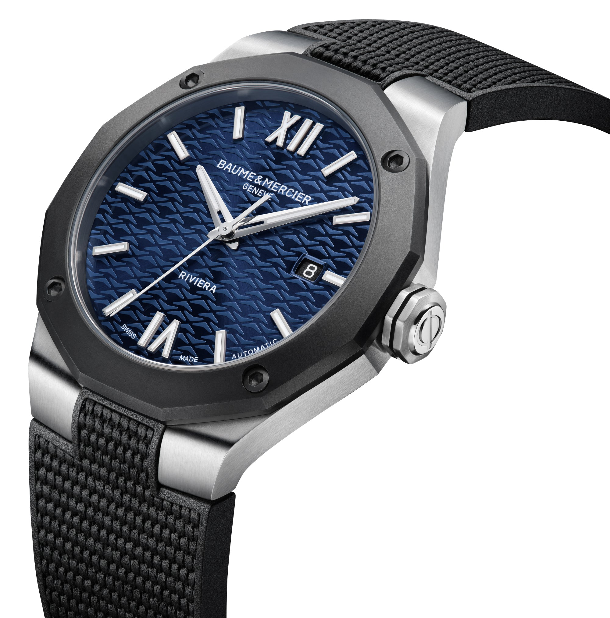Baume & Mercier Riviera Automatic Stainless Steel & Black ADLC Blue Dial Black Rubber Strap Date Mens Watch M0A10768