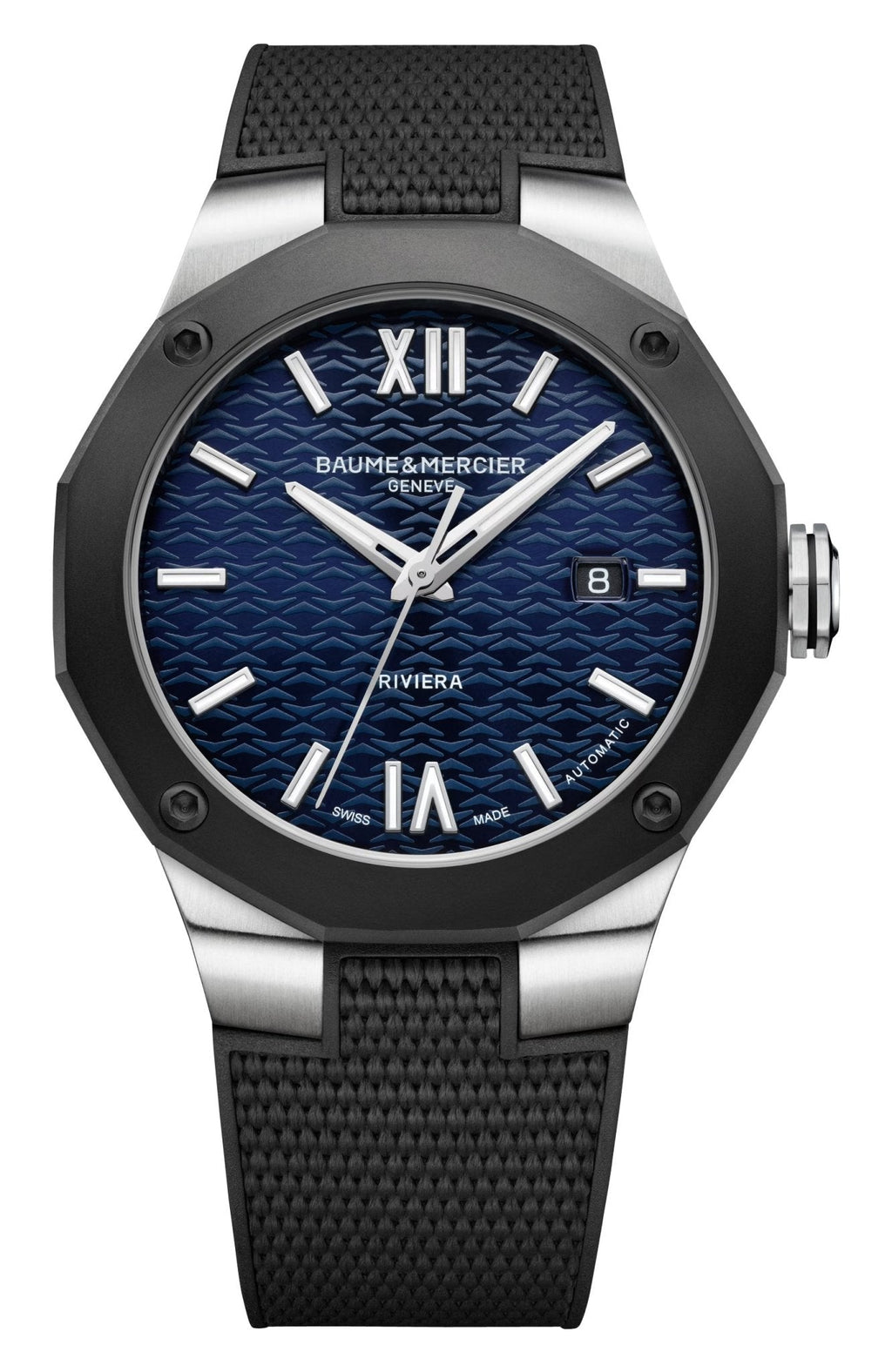 Baume & Mercier Riviera Automatic Stainless Steel & Black ADLC Blue Dial Black Rubber Strap Date Mens Watch M0A10768