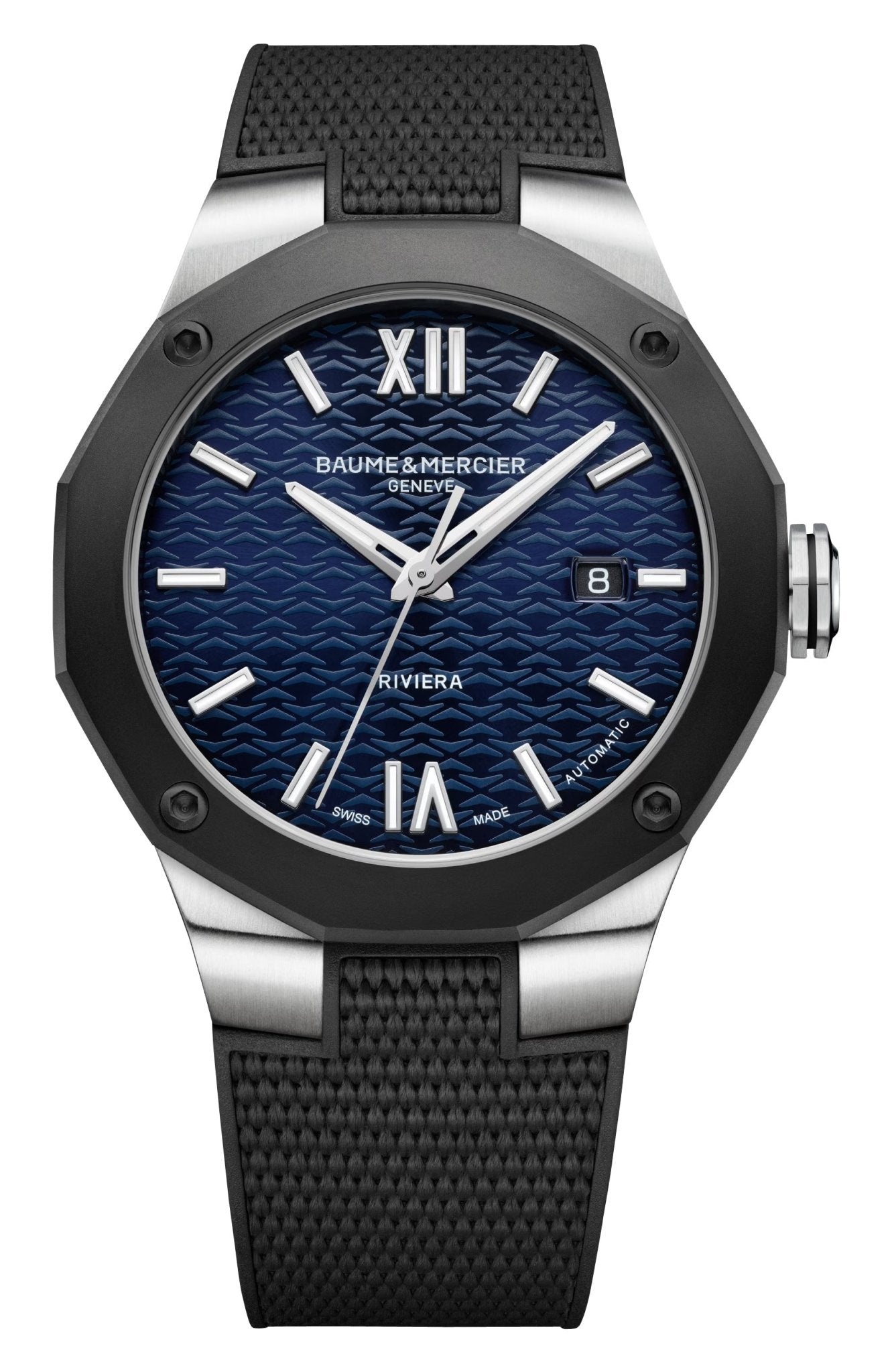 Baume & Mercier Riviera Automatic Stainless Steel & Black ADLC Blue Dial Black Rubber Strap Date Mens Watch M0A10768