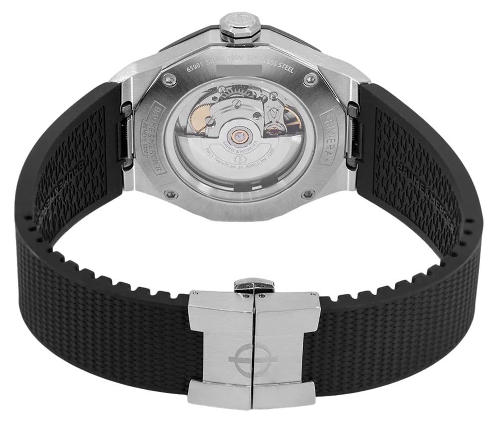 Baume & Mercier Riviera Automatic Stainless Steel & Black ADLC Blue Dial Black Rubber Strap Date Mens Watch M0A10768