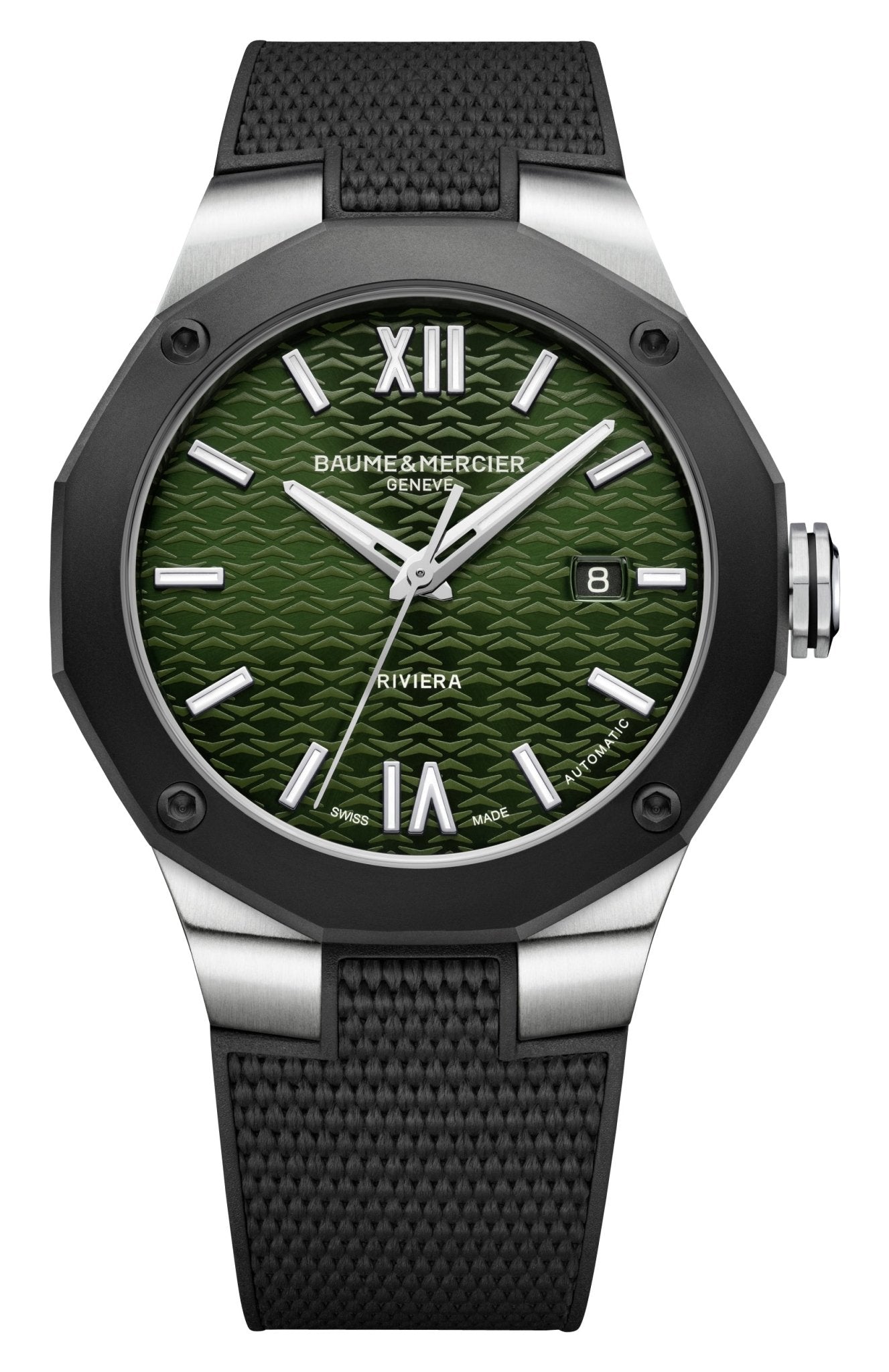 Baume & Mercier Riviera Automatic Stainless Steel & Black ADLC Green Dial Black Rubber Strap Date Mens Watch M0A10763