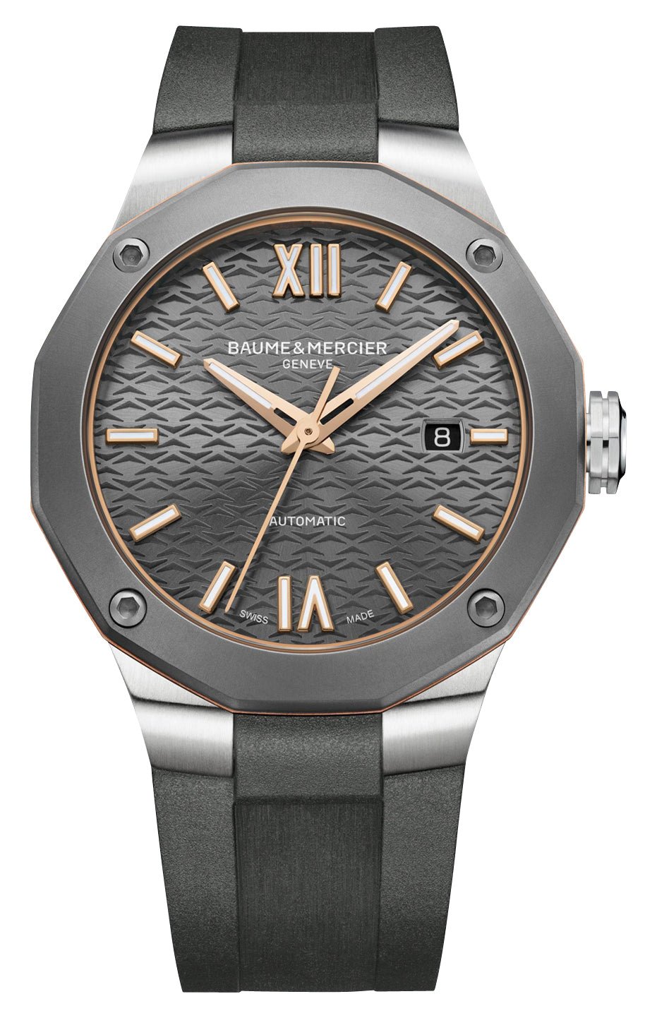Baume & Mercier Riviera Automatic Stainless Steel & Titanium Gray Dial Gray Rubber Strap Date Mens Watch M0A10660