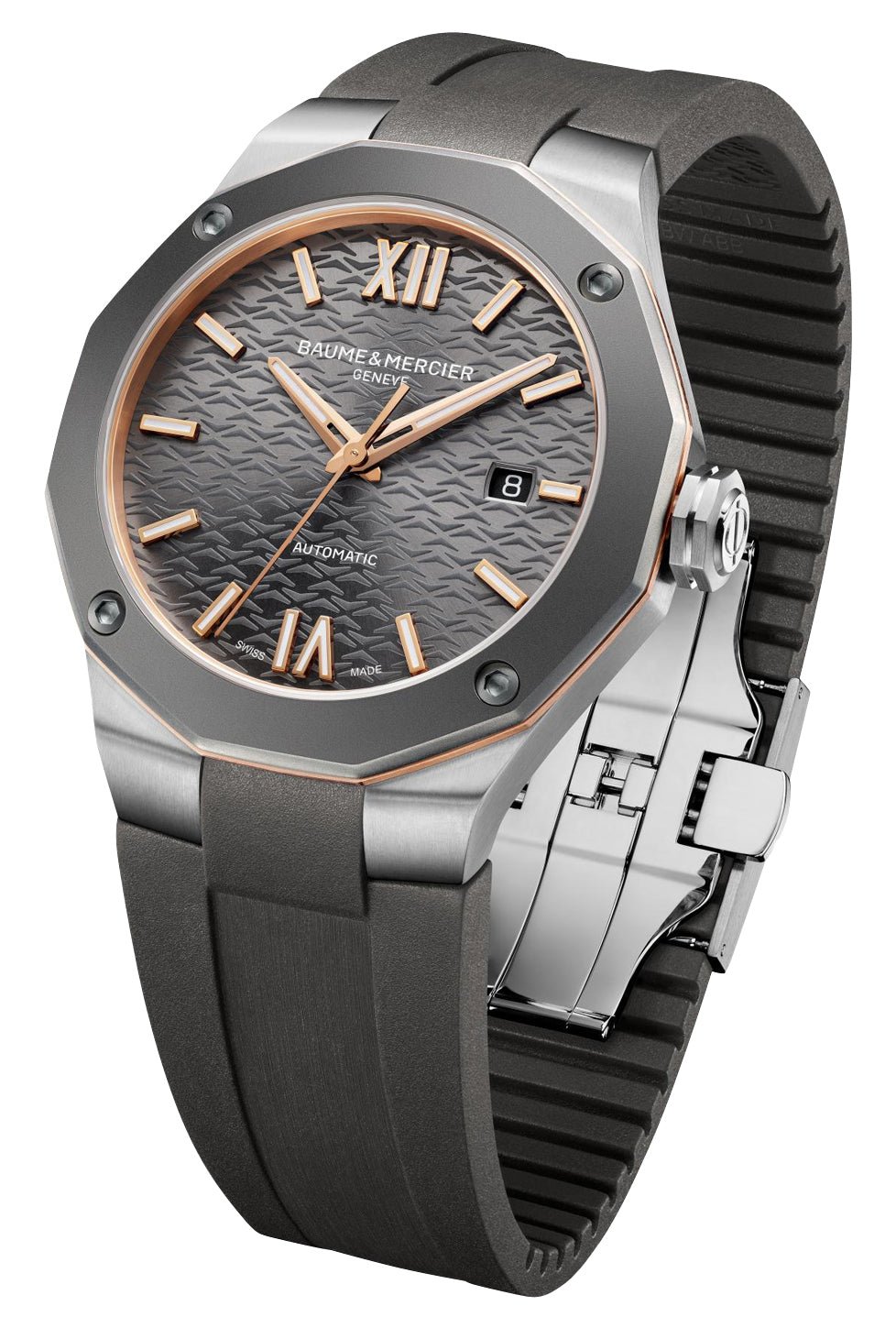 Baume & Mercier Riviera Automatic Stainless Steel & Titanium Gray Dial Gray Rubber Strap Date Mens Watch M0A10660
