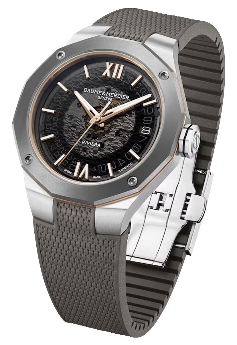 Baume & Mercier Riviera Automatic Stainless Steel & Titanium Gray Dial Gray Rubber Strap Date Unisex Watch M0A10720